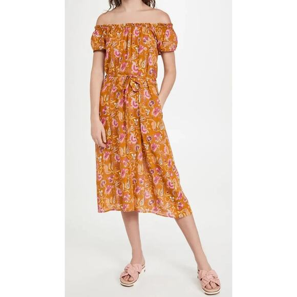 Xirena Poppy Off-The-Shoulder Midi Dress Sunset Floral Belted Pocket Size Medium - Picture 2 of 11